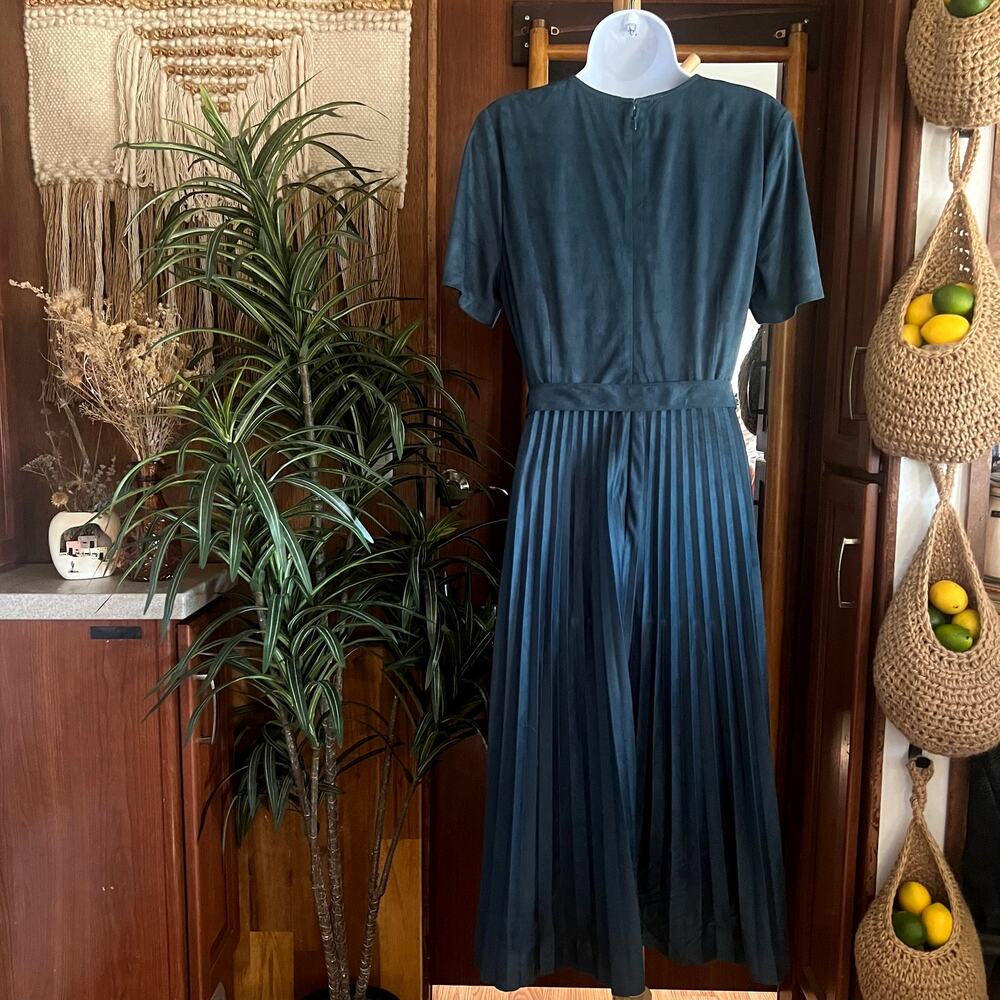 Ann Taylor Faux Suede Pleated Midi Dress 14P Teal Belted Wedding Guest NWT Party - Picture 7 of 13